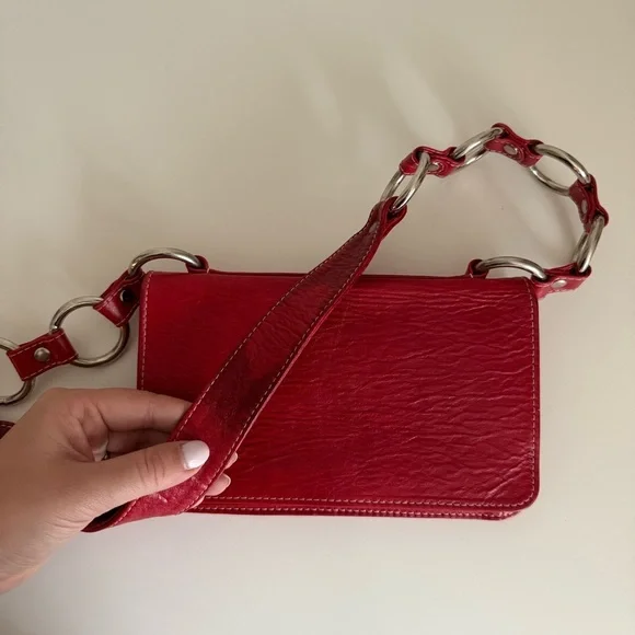 Red Leather Y2K Chain Shoulder Bag Jana Feifer Minimalist Chic Purse - Picture 6 of 9